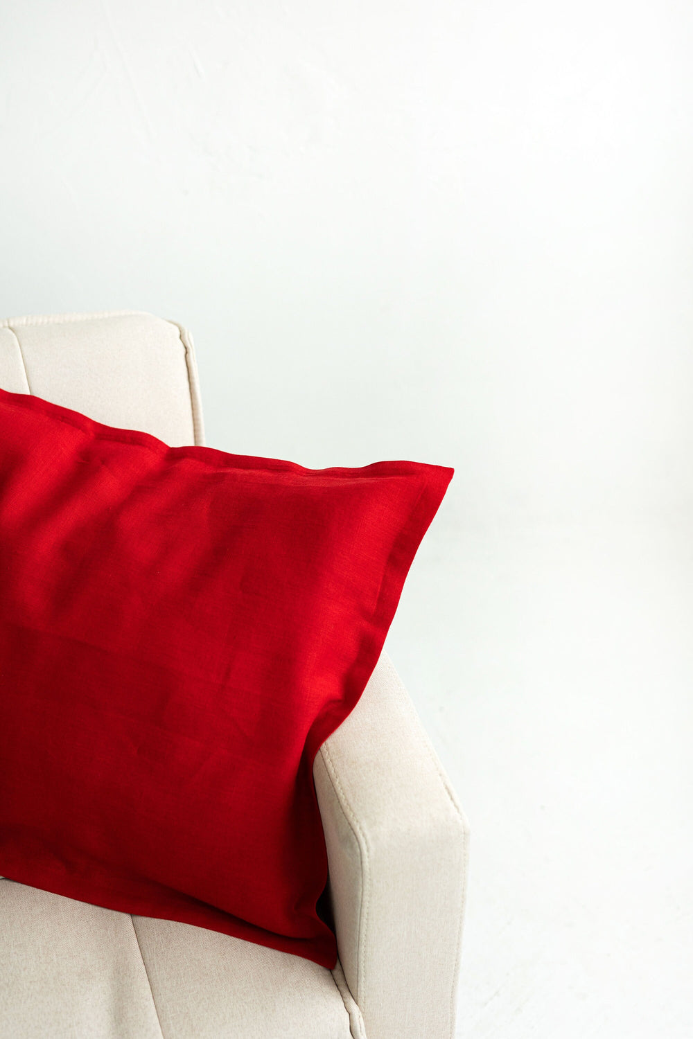 Red Linen Pillowcase On Sofa Side View Daily Linen