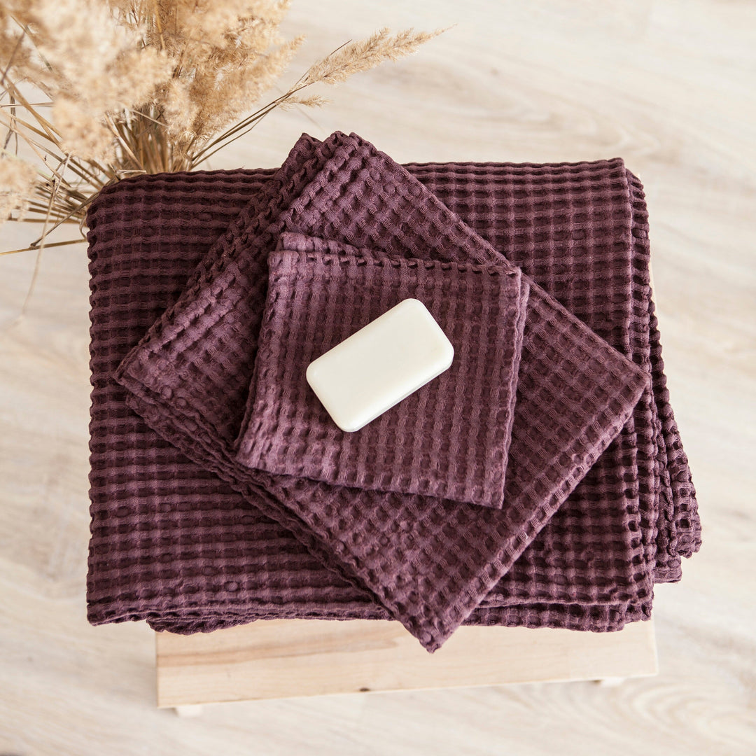 Red Wine Color Waffle Linen Towels Set 3pcs 2 - Daily Linen