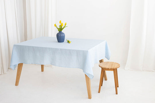 Women Serves Table With Linen Tablecloth In Sky Blue Color 3 - Daily Linen