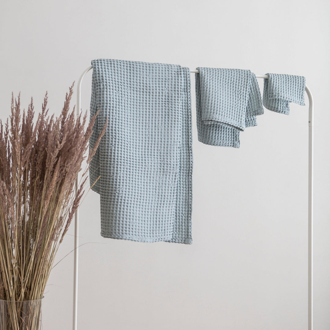 Hanging Sky Blue Color Linen Waffle Towels Set Of 3 - Daily Linen