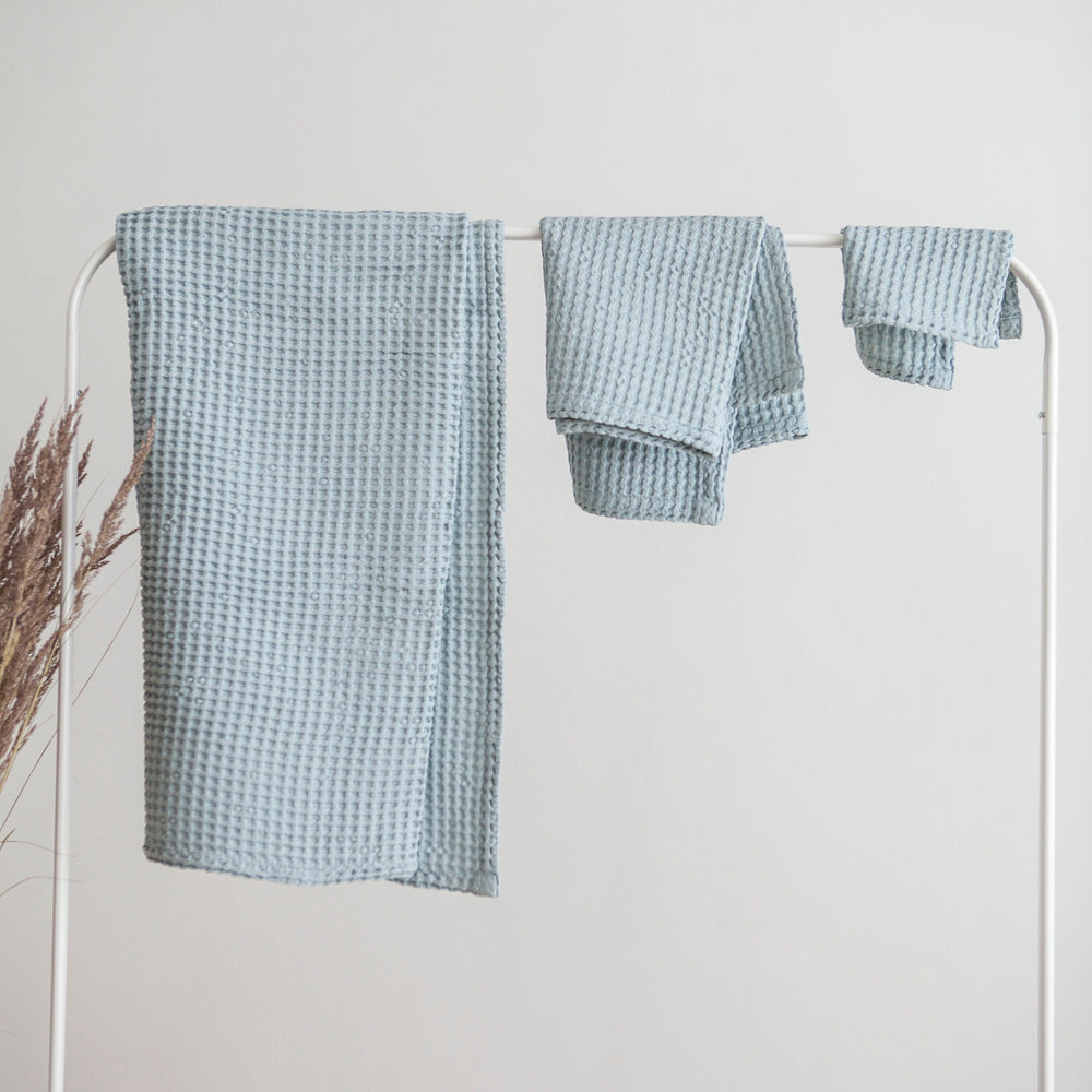 Hanging Sky Blue Color Linen Waffle Towels Set Of 3 1 - Daily Linen