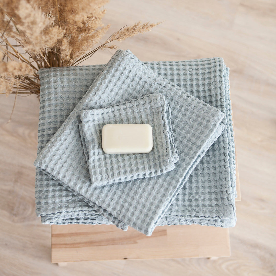 Sky Blue Color Linen Waffle Towels Set Of 3 With Soap- Daily Linen