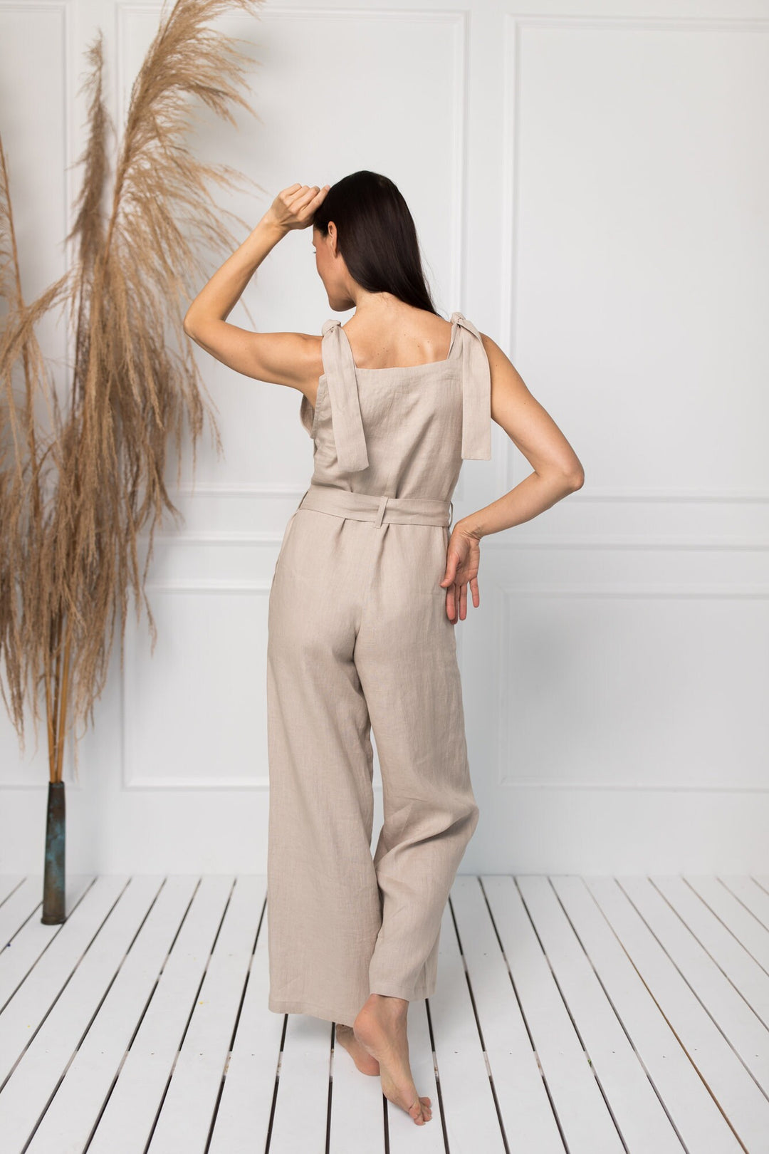 Model Wears Wrap Linen Jumpsuit Amelia In Natural Color 2 - Daily Linen