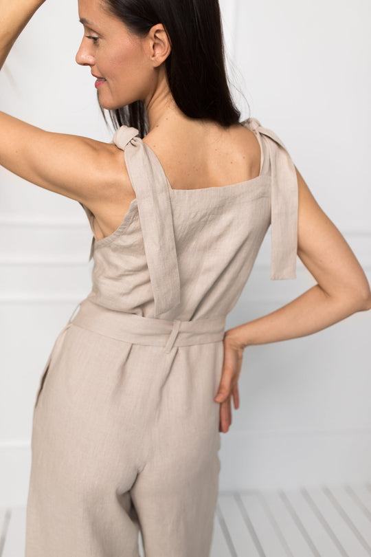 Model Wears Wrap Linen Jumpsuit Amelia In Natural Color 3 - Daily Linen