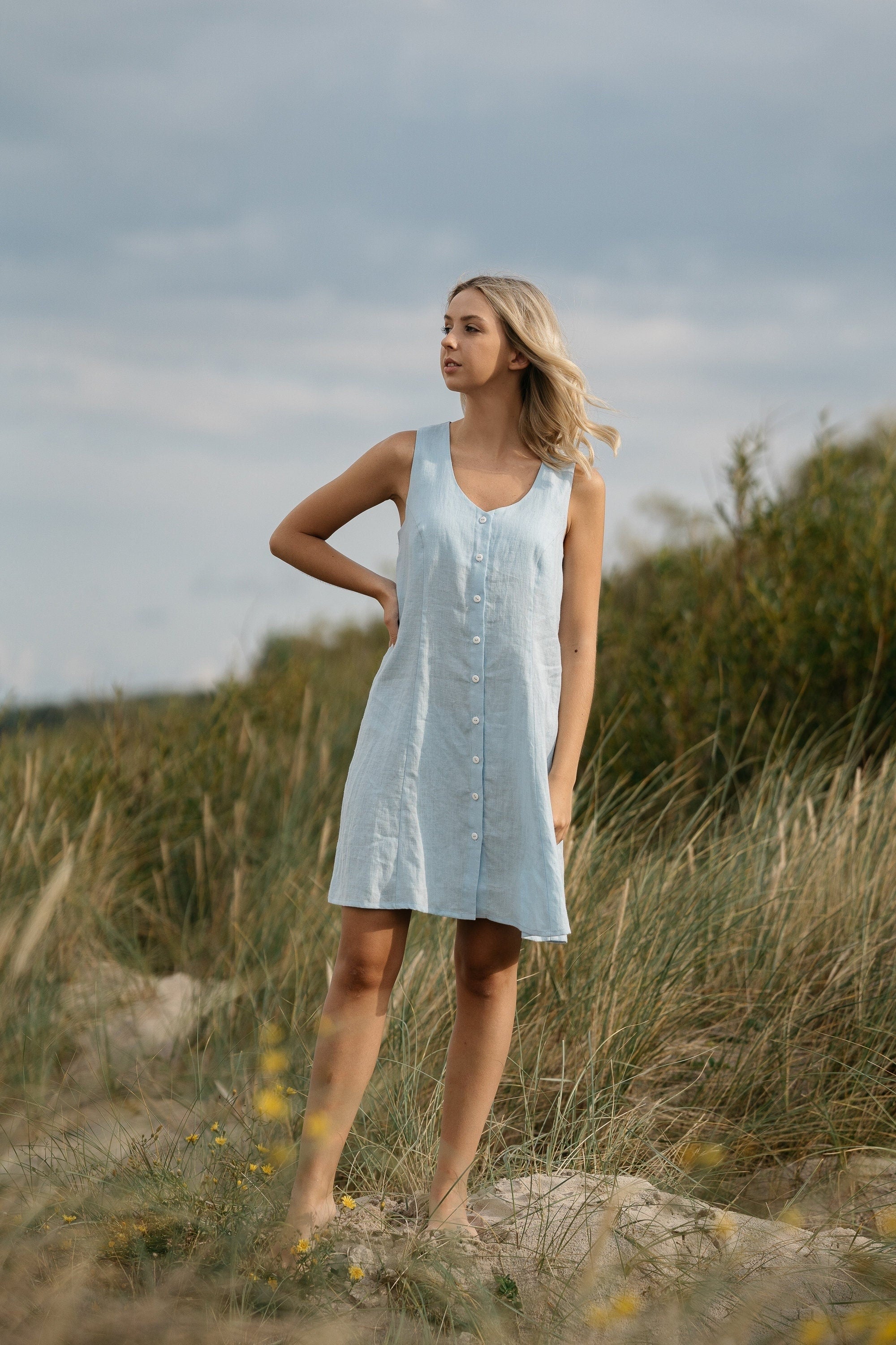 Blue Linen Button Down Dress GOOD GIRL - Daily Linen
