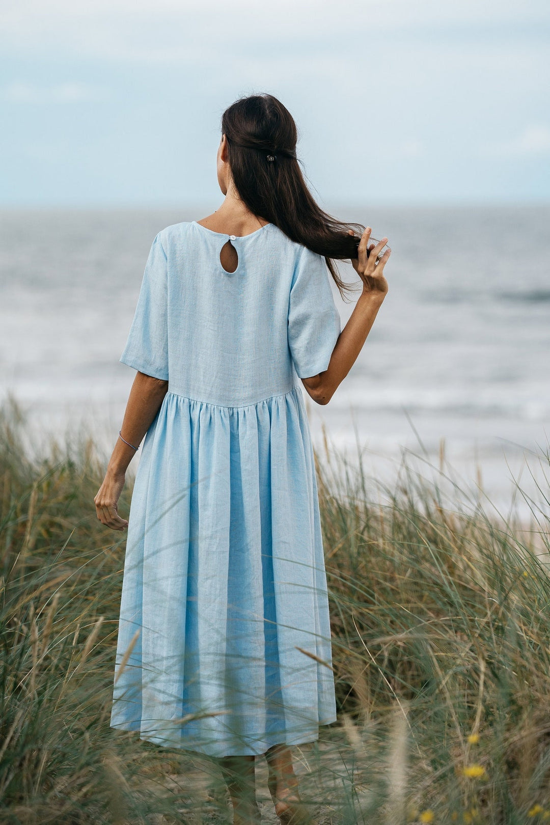 Linen MAXI Dress BLUE SKY With Half Sleeve | Daily Linen