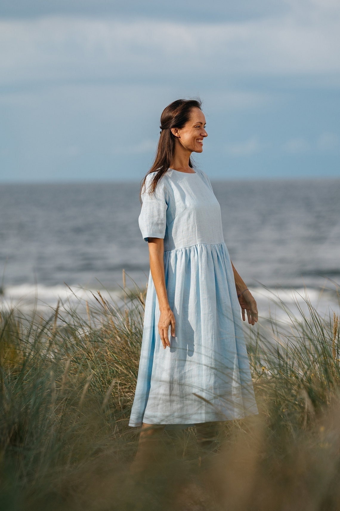 Model Wears Linen Maxi Dress Blue Sky With Half Sleeve - Daily Linen