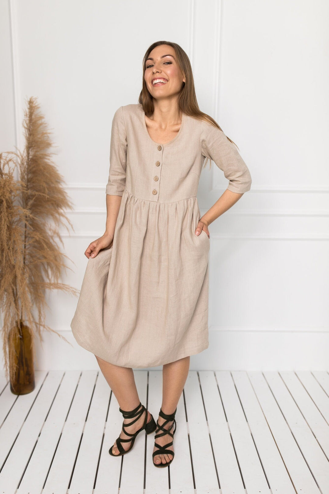 Linen Dress BARBARA In 3/4 Sleeves | Daily Linen